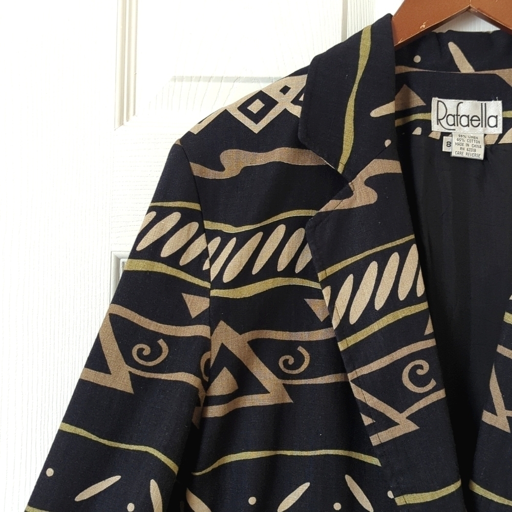 Rafaella 80's Vintage Funky Printed Linen Blend Boxy Blazer Jacket Black Tan 8 - Picture 3 of 12